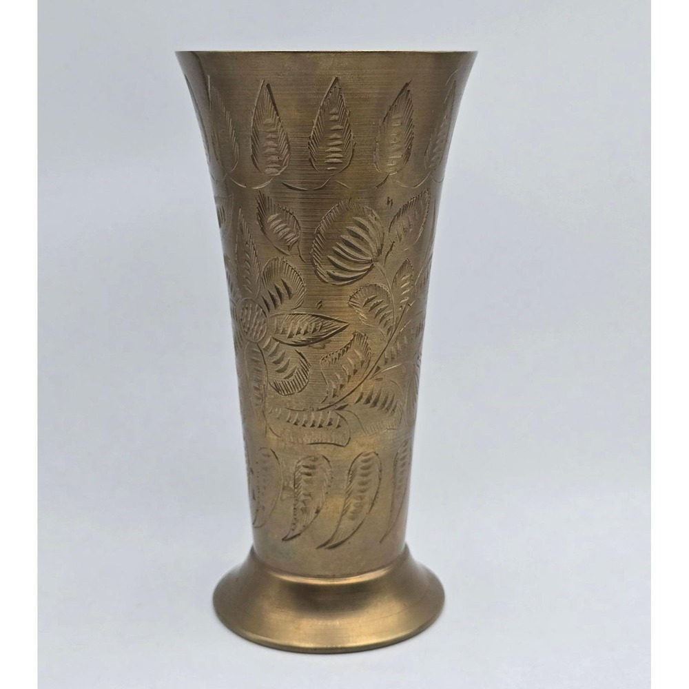 Sarna Brass India Vintage Etched Floral Bud Vase Gold Tone Metal 7" Decor